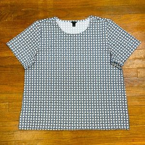 Ann Taylor Sz Large Blue White Petite Chain Print Crepe Side Slits S/S Top